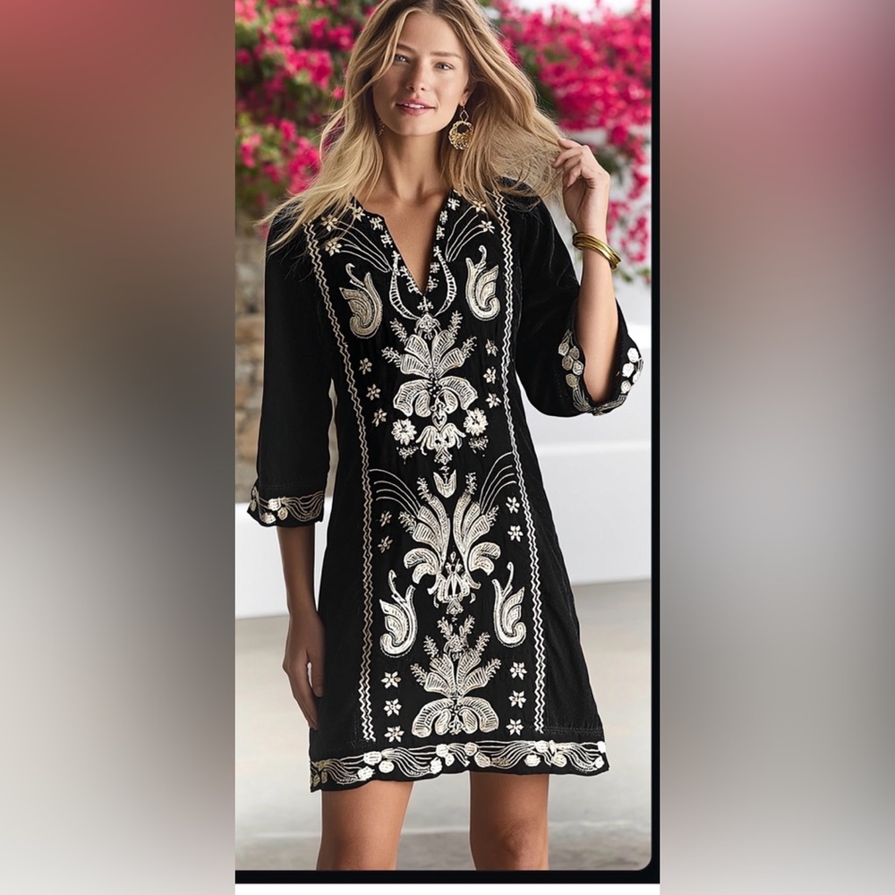 Johnny Was Black Tunic Dress with Cream Embroidery